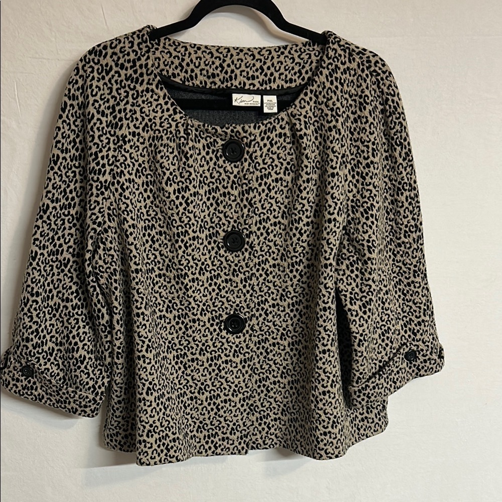 Kim Rogers Black and Cream Leopard Print Boxy Blouse 3/4 Sleeve Size PXL